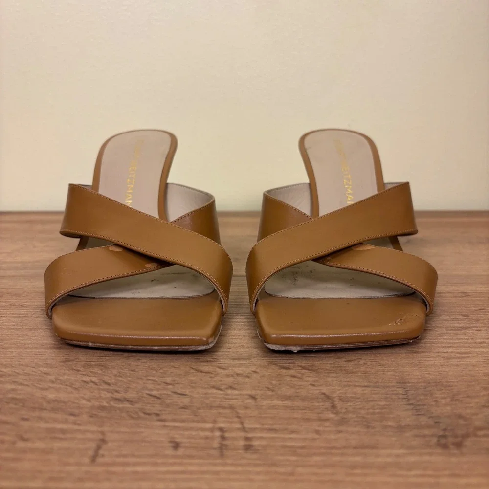 STUART WEITZMAN Dayna Sandal Heels Size 8.5 Macchiato Tan‎ Leather Square Toe - Picture 4 of 11